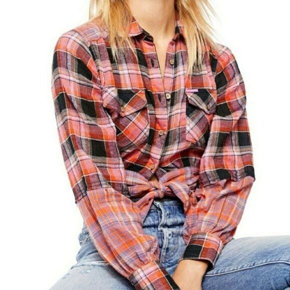 NWT Free People First Bloom Plaid Buttoned Tie Front Blouse Small - Picture 2 of 16